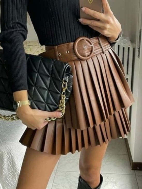 Zara Dresses & Skirts - Zara Brown Pleated Faux-Leather Mini Skirt with Round Belt